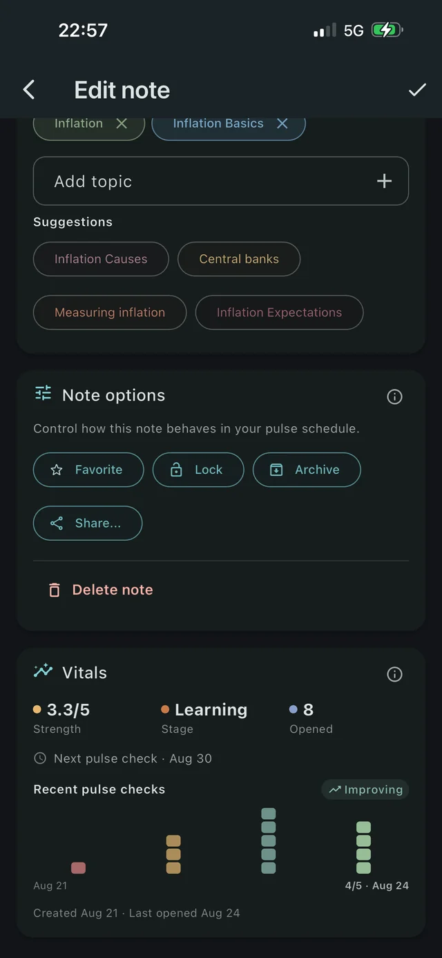 Note options — favorite, lock, archive, share — and the note's own Vitals