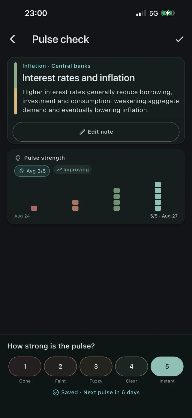 A pulse check in PulseNote: the note revealed after being rated Instant, its pulse strength improving, and the next pulse in 6 days
