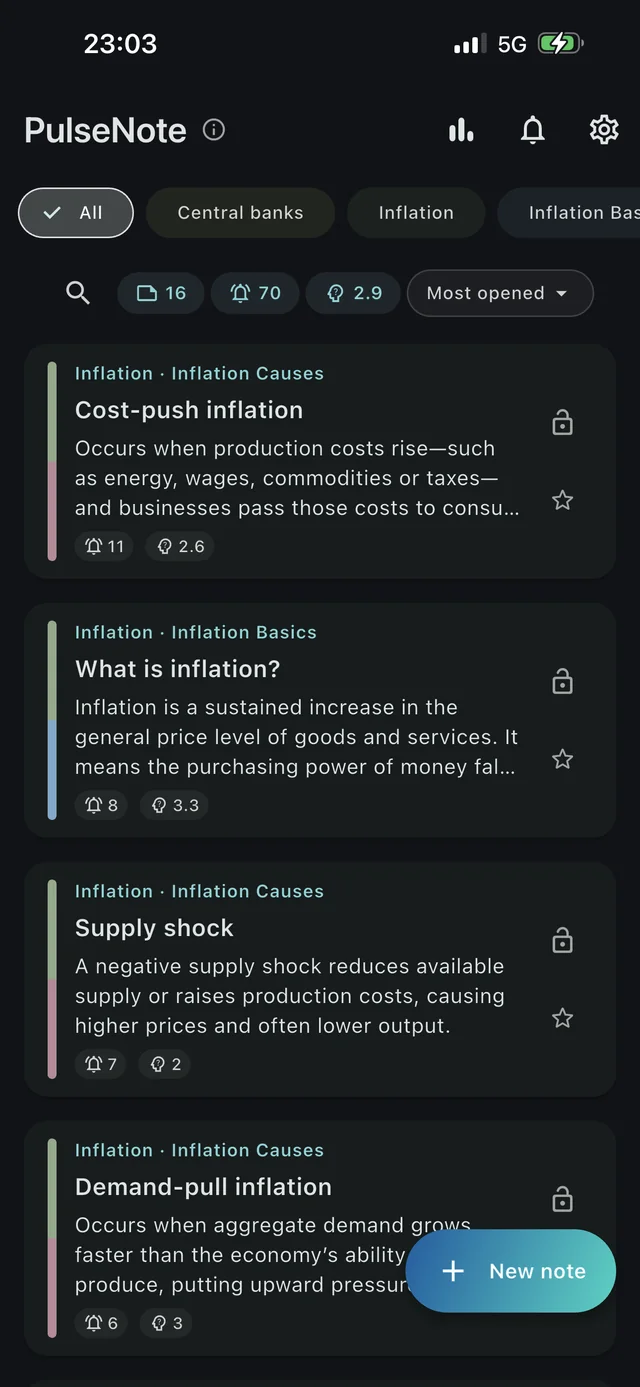 The PulseNote library in the dark theme: notes grouped by topic, each with its pulse count and strength