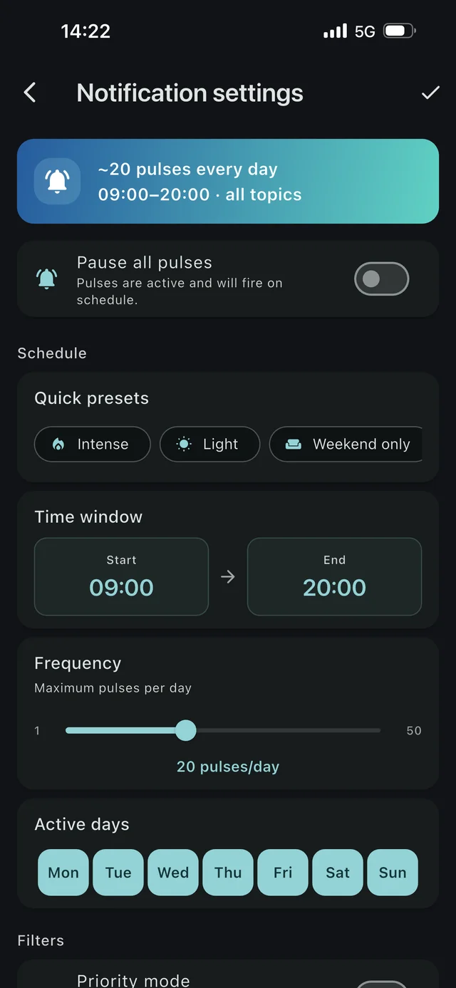 Notification settings: quick presets, a 09:00 to 20:00 time window, a pulses-per-day slider set to 20, and the active days of the week