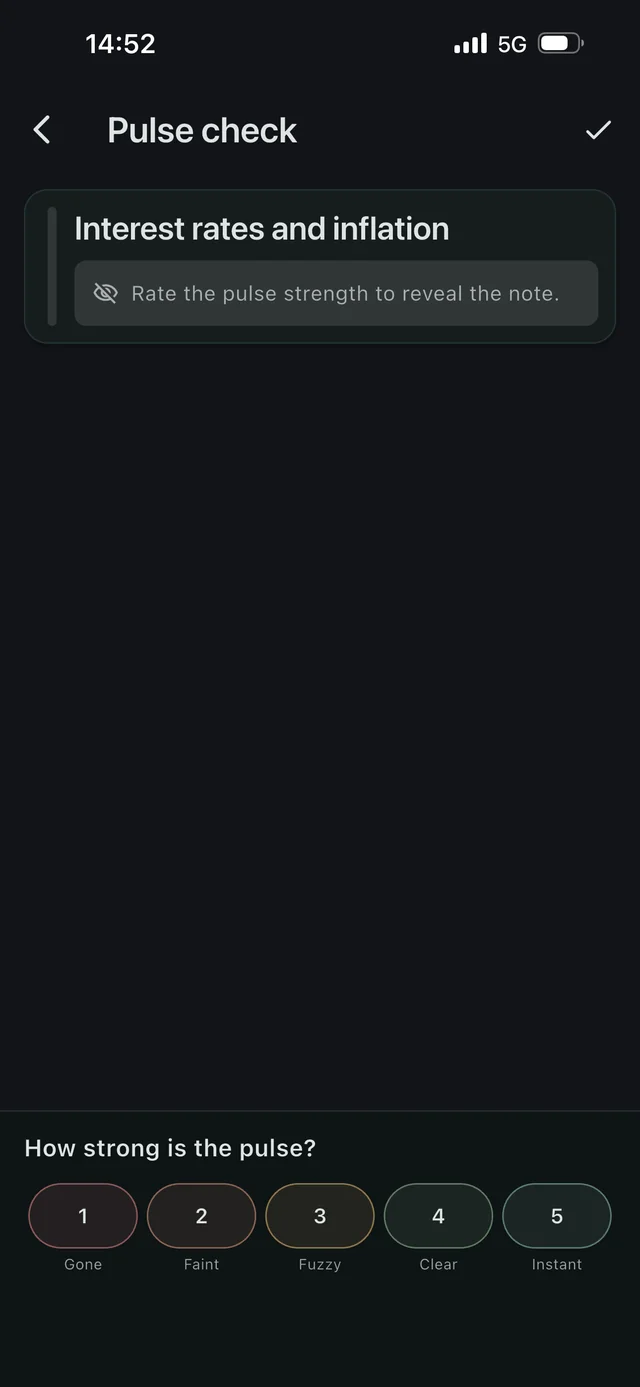 A pulse check before rating: only the note's title is shown, above the prompt to rate the pulse strength to reveal it