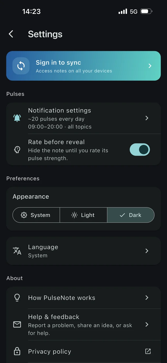 Settings: the rate-before-reveal toggle, appearance set to Dark, and the language picker