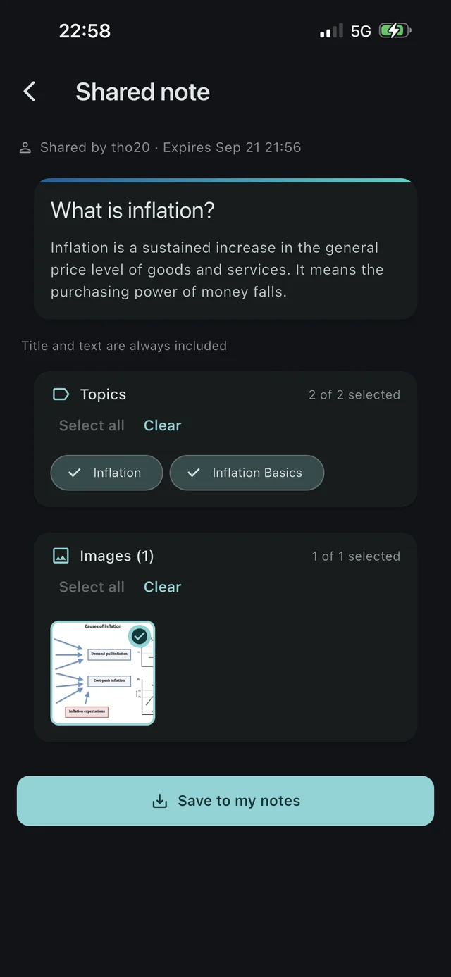 A shared note ready to import: pick its topics and images, then save