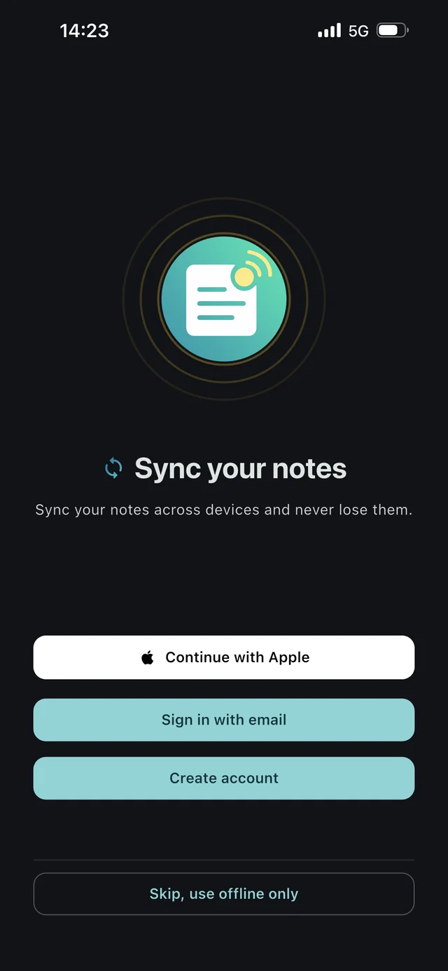 The sync screen, offering Apple or email sign-in alongside a Skip, use offline only option