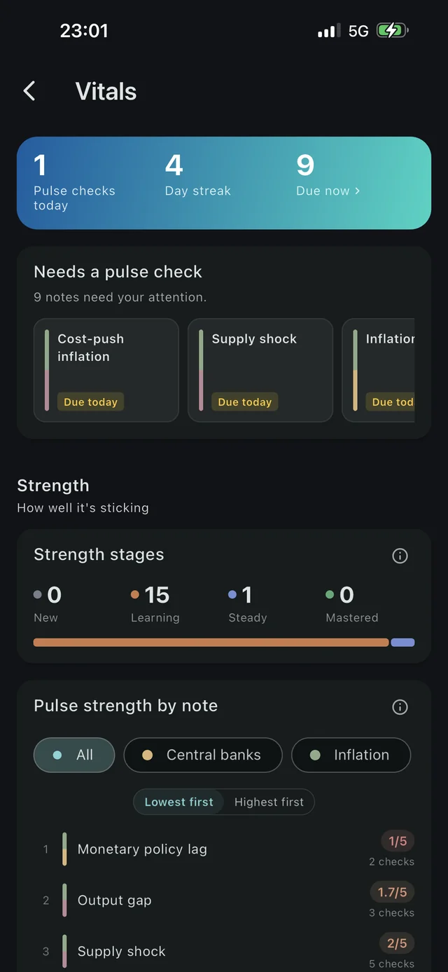 Vitals: pulse checks today, streak, and what's due now